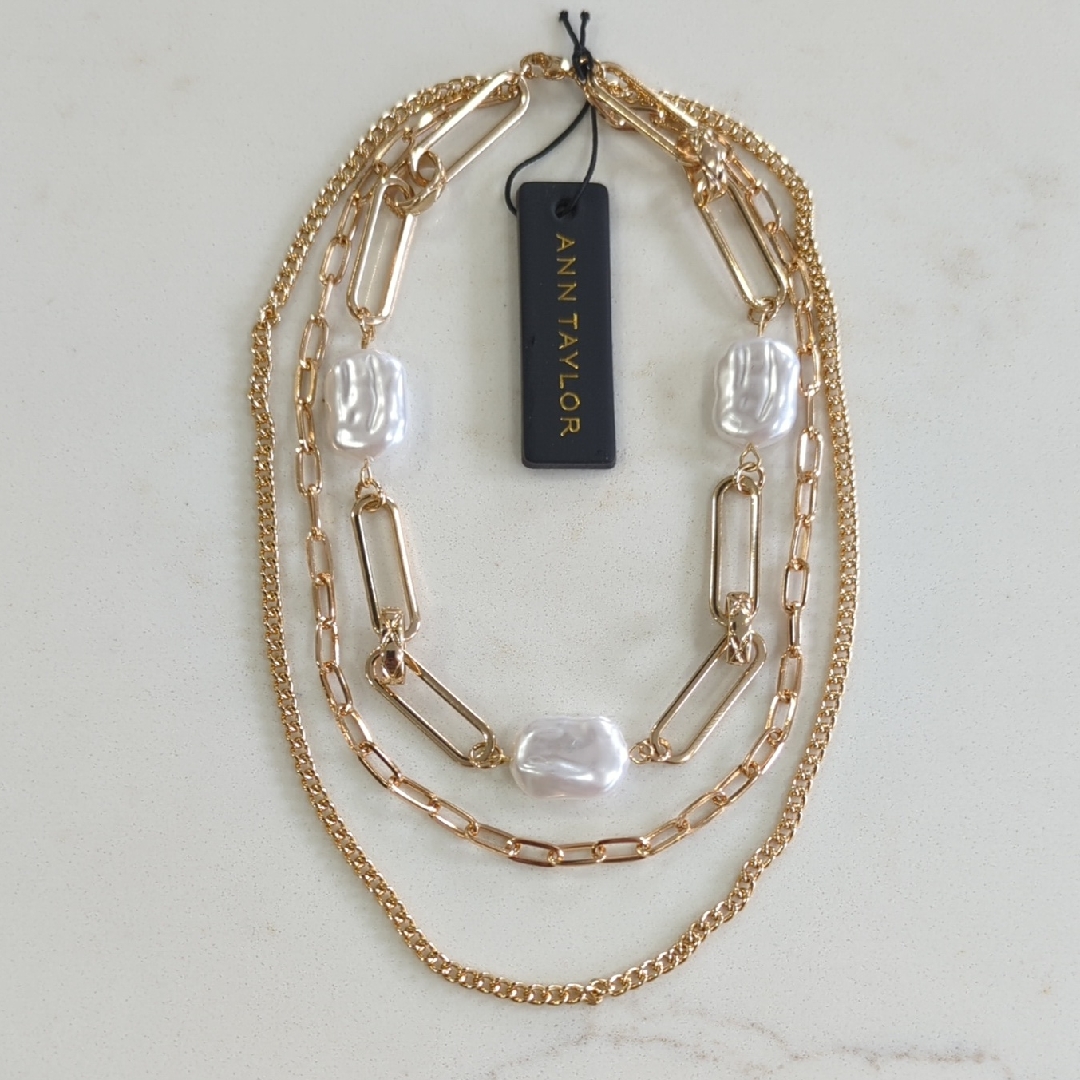 Ann Taylor Gold And Pearl Chain Link Triple Strand Necklace